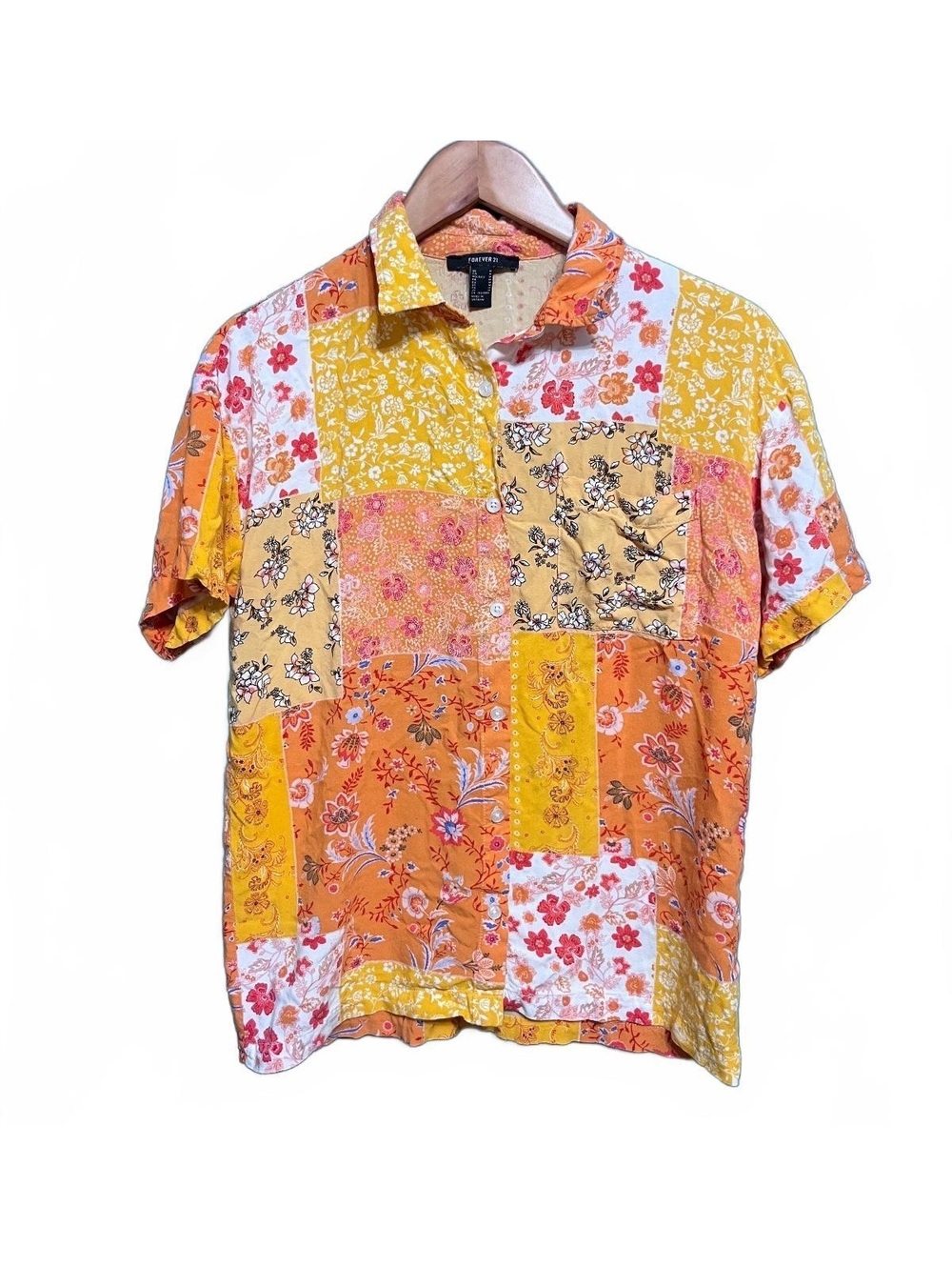 Forever 21 Patchwork Floral Button Down Shirt Yellow Boho Retro 70s Blouse Top M